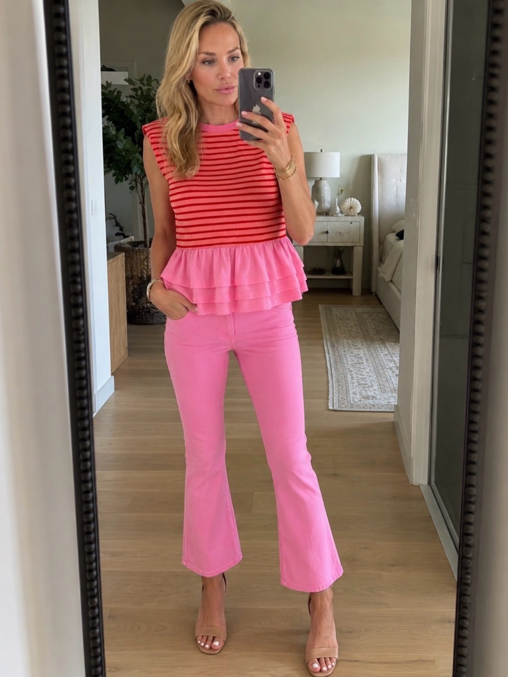 7 For All Mankind Size 28 Jeans with Pink/ Red Peplum Top size Small